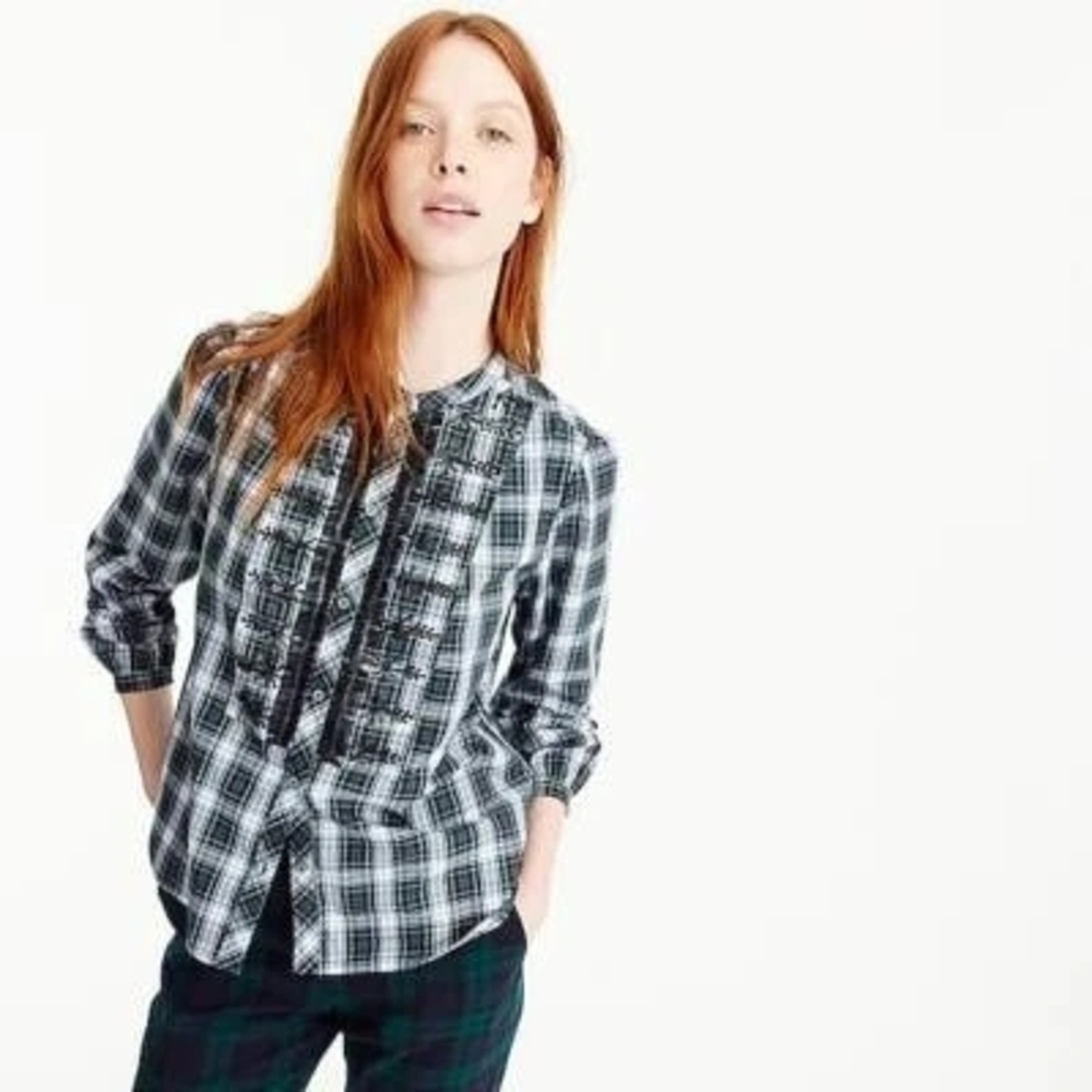J. Crew Women's Tuxedo Front Long‎ Sleeve Plaid Embellished Button Down Shirt XS